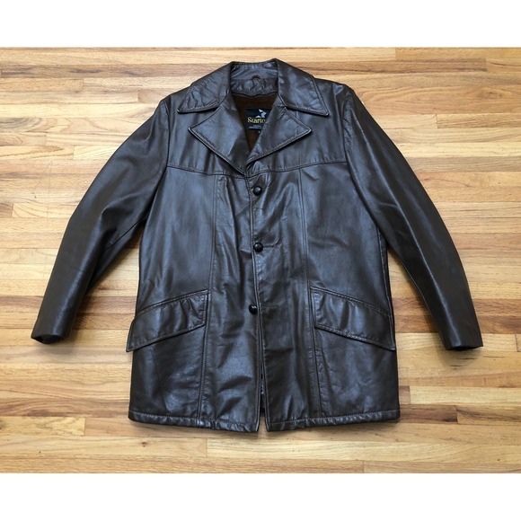 Startown Men's Coat Jacket Brown Leather Lined 42 Double Vintage 70s Retro
